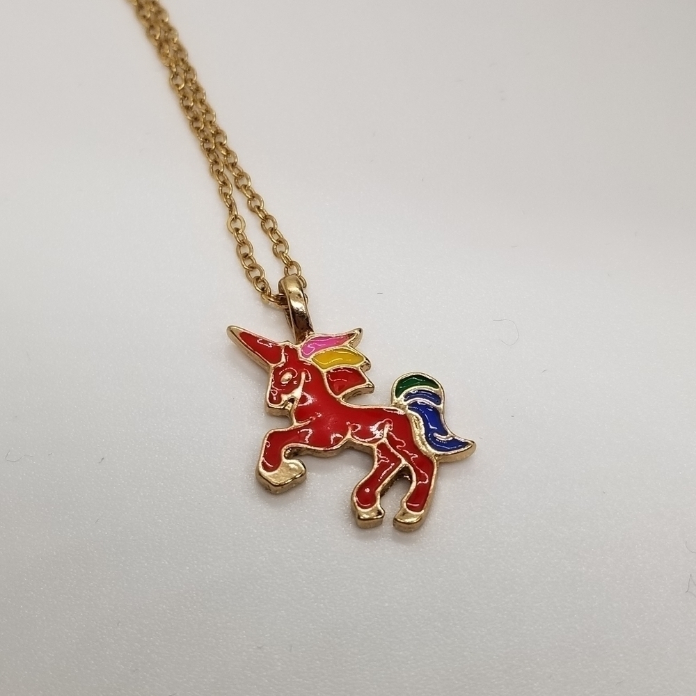 rainbow unicorn necklace on gold tone chain